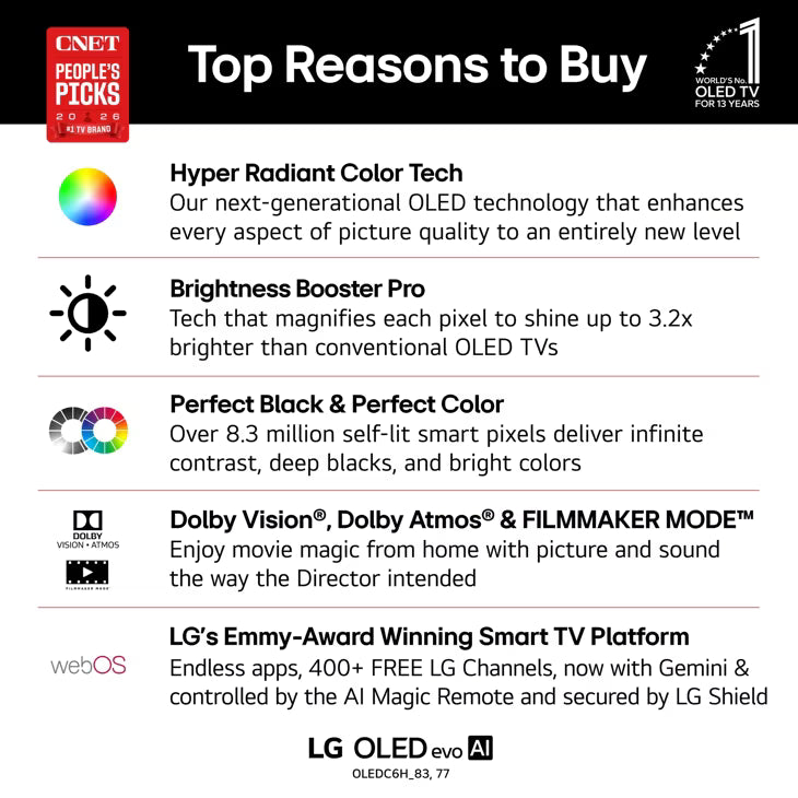 77 Inch Class LG OLED evo AI C6H 4K Smart TV 2026