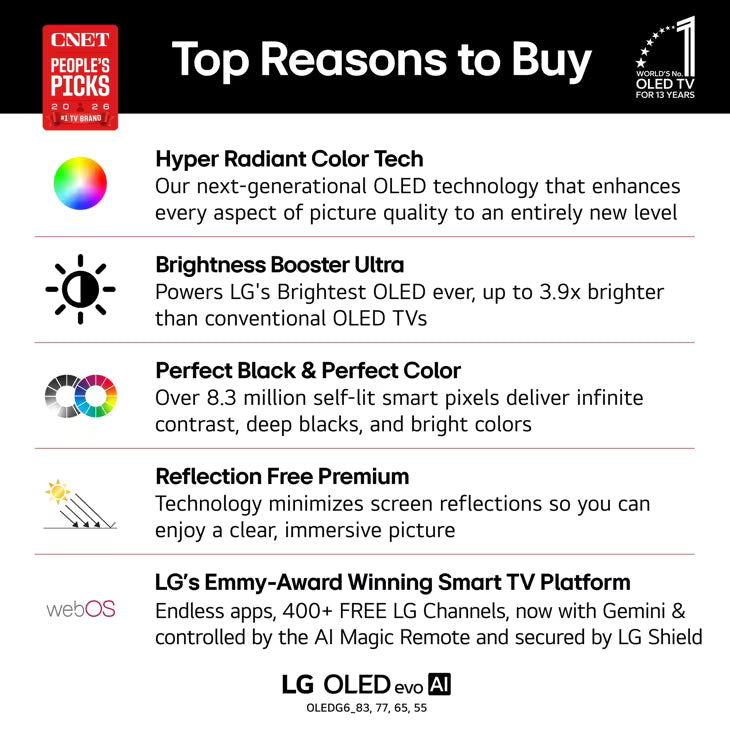 77 Inch Class LG OLED evo AI G6 4K Smart TV 2026 with Supplied Flush Wall Mount