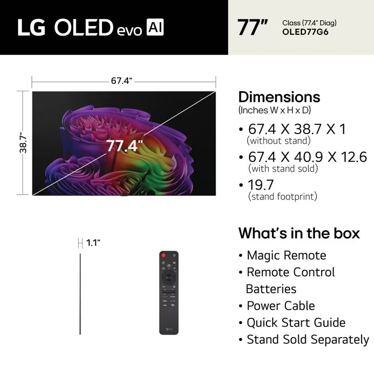 77 Inch Class LG OLED evo AI G6 4K Smart TV 2026 with Supplied Flush Wall Mount